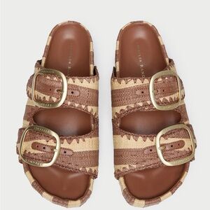 Loeffler Randall Striped Brown and Tan Theo Buckle Sandals - size 7.5